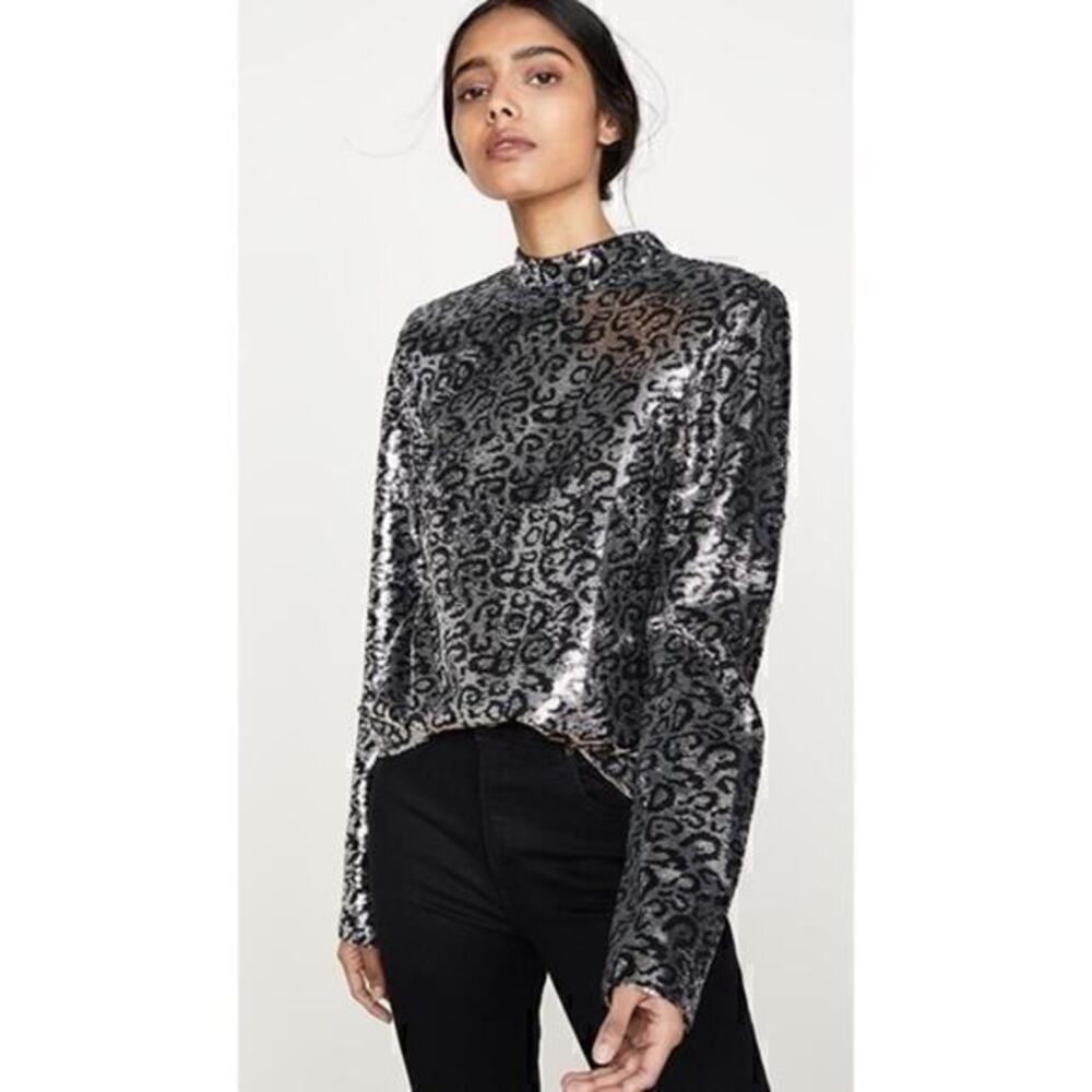 RtA Freddie Long-sleeve Shoulder-pad Sequin Leopard Top In Silver Size S NWT